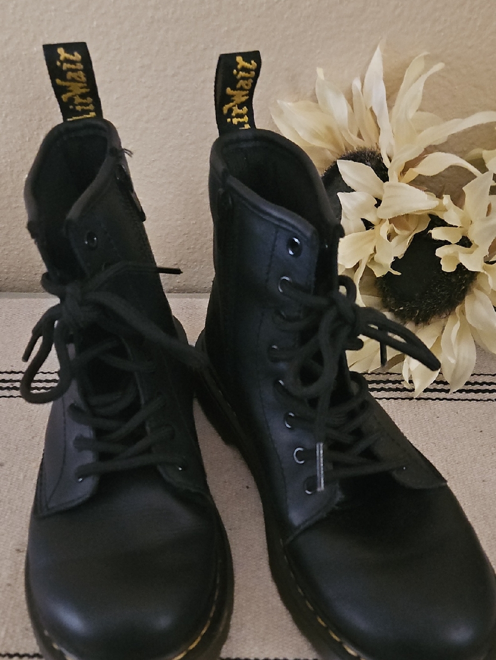 Dr. Martens Black Leather Lace-Up Ankle Boots with Yellow Heel Loop